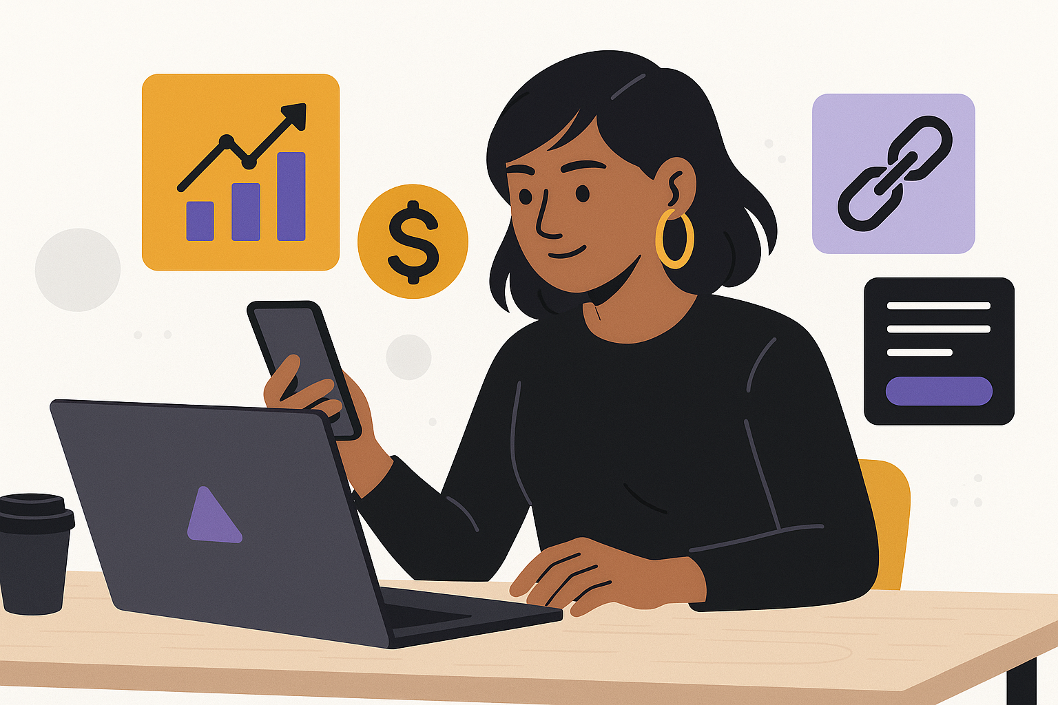 Illustration of a creator building revenue with links, recurring income, and audience monetization systems