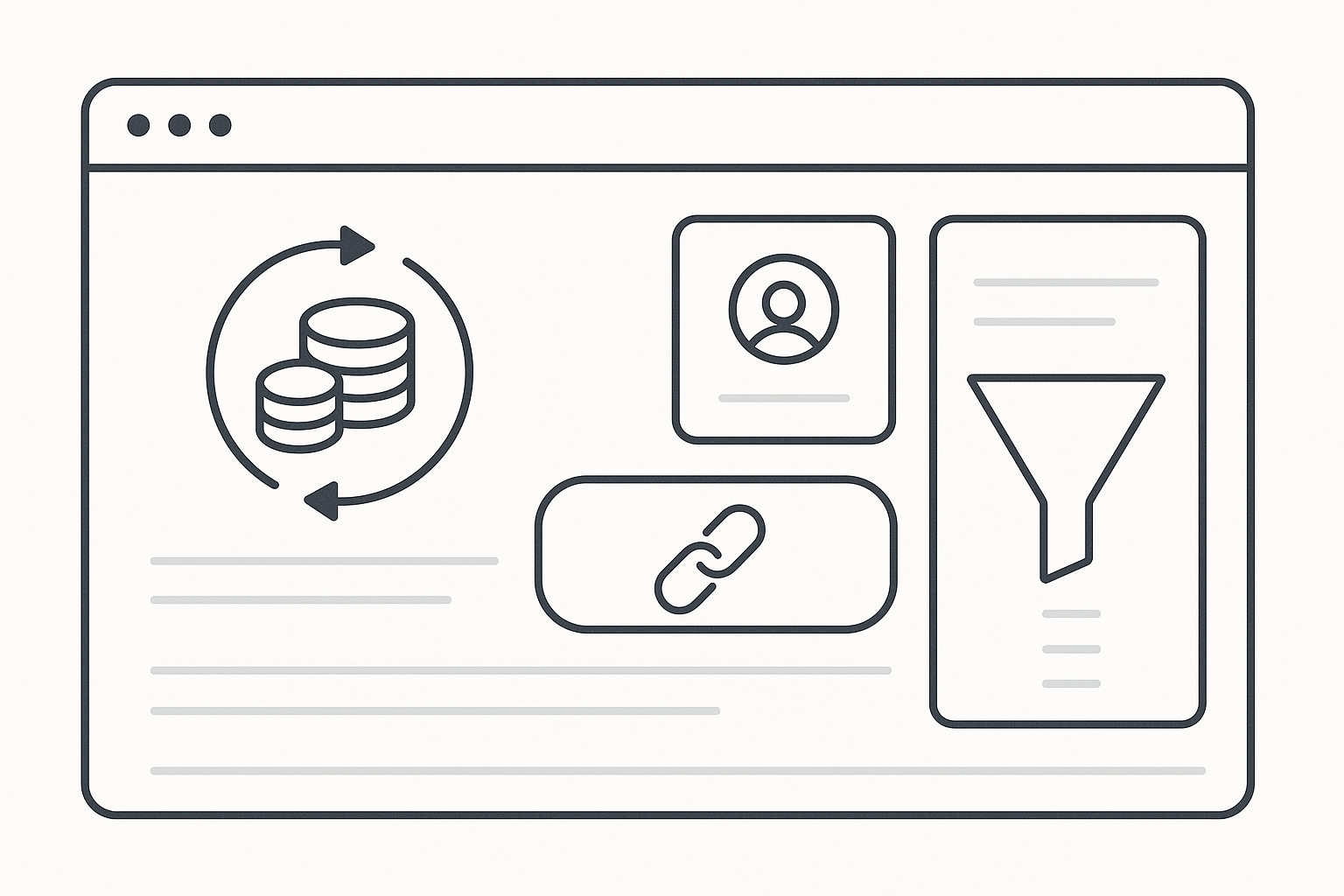 Editorial illustration of a self-serve SaaS affiliate dashboard with tracked links, recurring commission, and creator referrals
